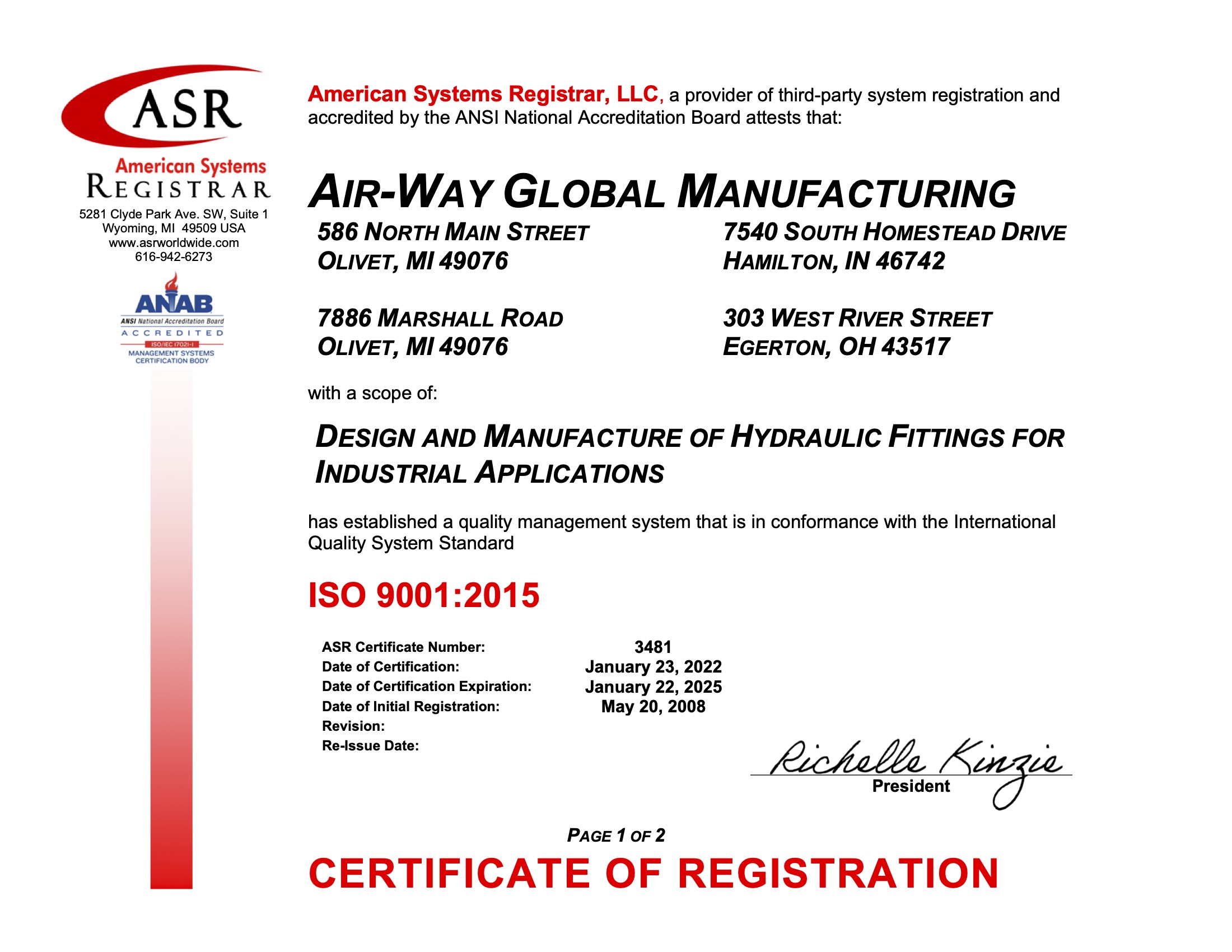 Air-Way Manufacturing Current ISO Certificate